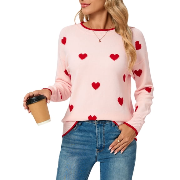 Cogild Sweaters for Women Heart Pattern Knit Crew Neck Long Sleeve Pullover Sweater