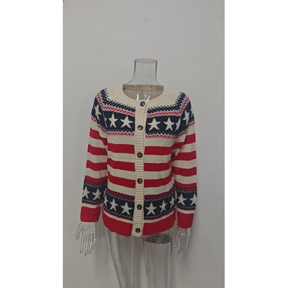 Cogild Sweaters for Women Star Print Striped Button Up Cardigan Crew Neck Long Sleeve Knit Sweater