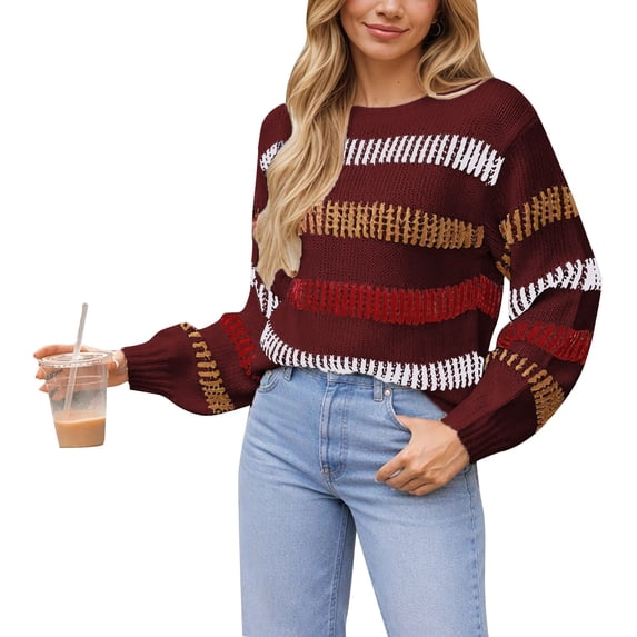 Cogild Sweaters for Women Striped Crewneck Long Sleeve Knit Pullover Sweater