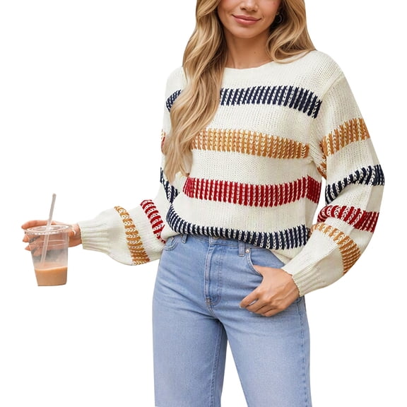 Cogild Sweaters for Women Striped Crewneck Long Sleeve Knit Pullover Sweater