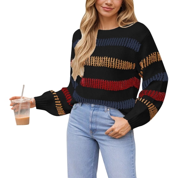 Cogild Sweaters for Women Striped Crewneck Long Sleeve Knit Pullover Sweater