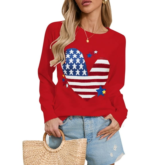 Cogild Sweaters for Womens Celebrate Independence Day in Style Cozy American Flag Heart Knitted Sweater for 4th of July Long Sleeves Crew Neck Tops