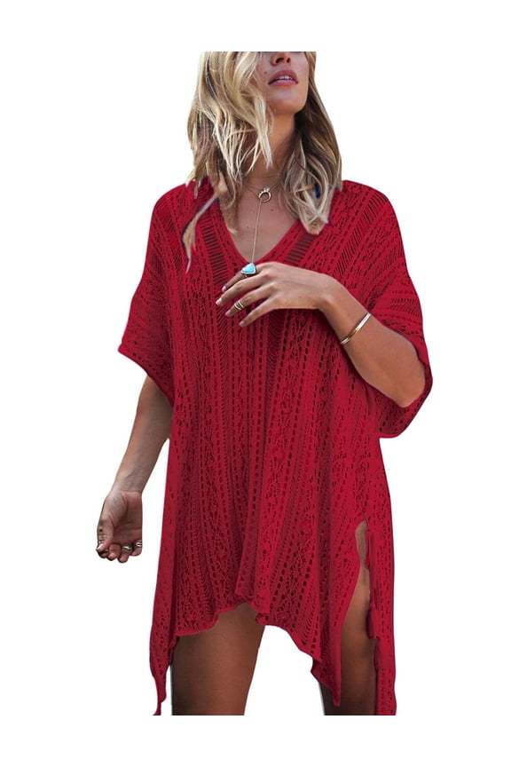 Swimsuit Cover Up for Women Crochet Sleeveless Tunic V Neck Bikini Beachwear Sheer Bathing Suit Coverups