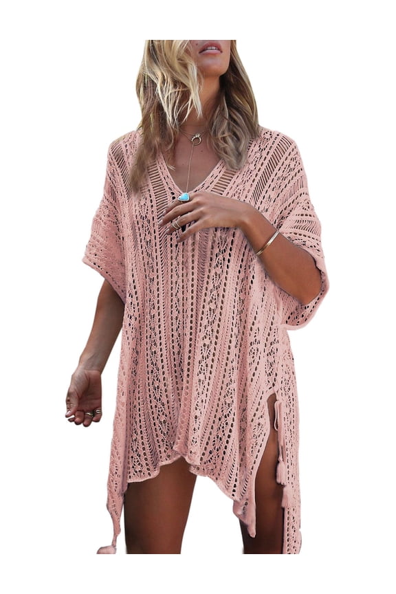 Swimsuit Cover Up for Women Crochet Sleeveless Tunic V Neck Bikini Beachwear Sheer Bathing Suit Coverups