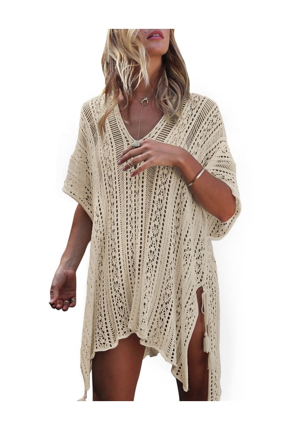Swimsuit Cover Up for Women Crochet Sleeveless Tunic V Neck Bikini Beachwear Sheer Bathing Suit Coverups