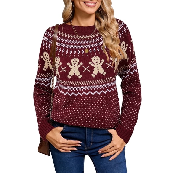 Cogild Ugly Christmas Sweaters for Womens Tree Gingerbread Man Pattern Sweaters Crew Neck Knitted Sweaters for Womens Warmth Winter Tops