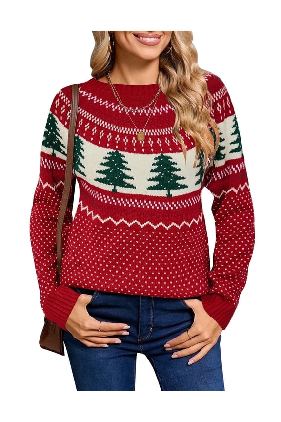 Ugly Christmas Sweaters for Womens Tree Gingerbread Man Pattern Sweaters Crew Neck Knitted Sweaters for Womens Warmth Winter Tops