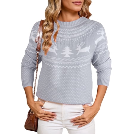 Cogild Ugly Christmas Sweaters for Womens Tree Gingerbread Man Pattern Sweaters Crew Neck Knitted Sweaters for Womens Warmth Winter Tops