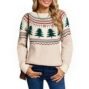COGILD Womens Sweaters Crew Neck Pullover Festive Christmas Tree Sweaters for Womens Cozy Cream Knit with Colorful Christmas Tree Design