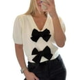 thumbnail image 1 of Cogild V Neck Bow Knit Tops Playful Elegance Short Sleeves Shirts for Womens, 1 of 5