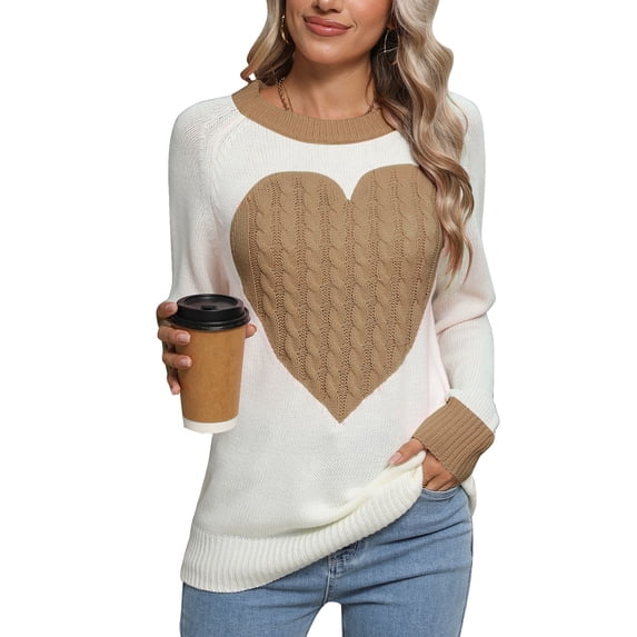 Women's Heart Pattern Knit Sweater, Long Sleeve Crew Neck Pullover, Soft Cozy Cable Knit Jumper for Fall and Winter