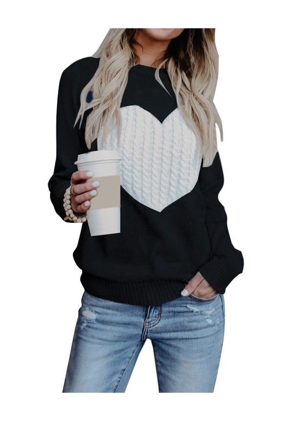 Women Cute Heart Sweaters Casual Crew Neck Pullover Cable Knitted Sweater