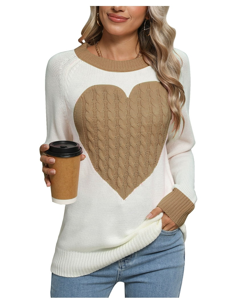 Women's Heart Pattern Knit Sweater, Long Sleeve Crew Neck Pullover