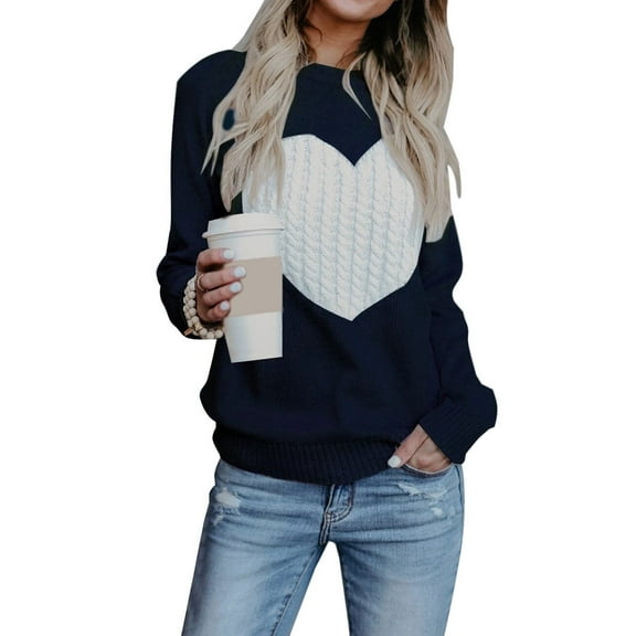 Cogild Women Cute Heart Sweaters Casual Crew Neck Pullover Cable Knitted Sweater