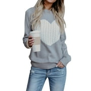 COGILD Women Cute Heart Sweaters Casual Crew Neck Pullover Cable Knitted Sweater