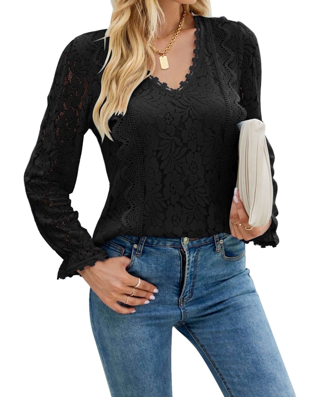 Cogild Women's V Neck Lace Crochet Blouse, Long Sleeve Casual Hollow ...