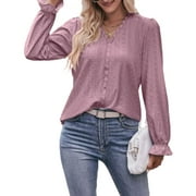 Womens Hollow Out Fall Tops V Neck Long Sleeve Blouses Ruffle Sleeve Tunic Lace Shirts For Women Cogild