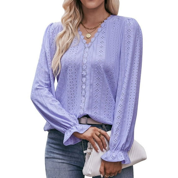 Cogild Women Lace Crochet Blouse Tops Casual V Neck Long Sleeve Hollow Elegant T Shirt