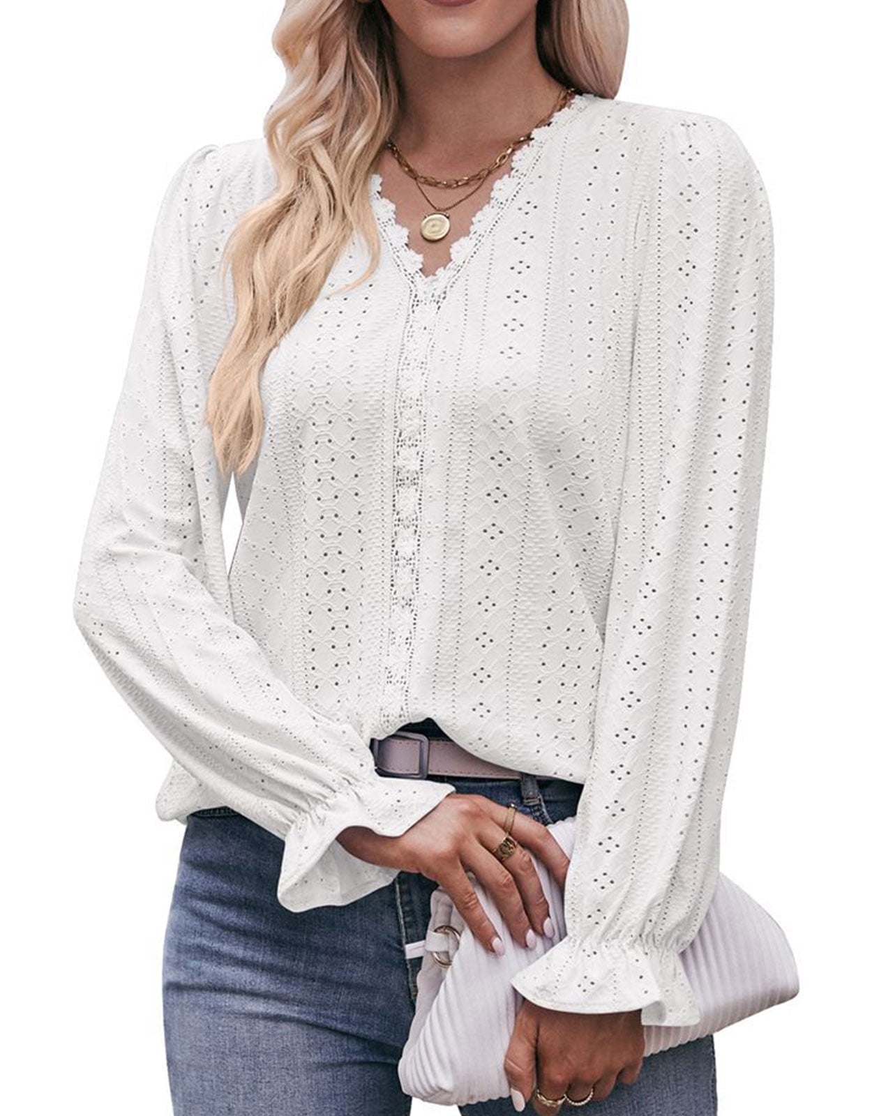 Cogild Women's Casual Long Sleeve Lace Crochet Blouse, V Neck, Hollow ...