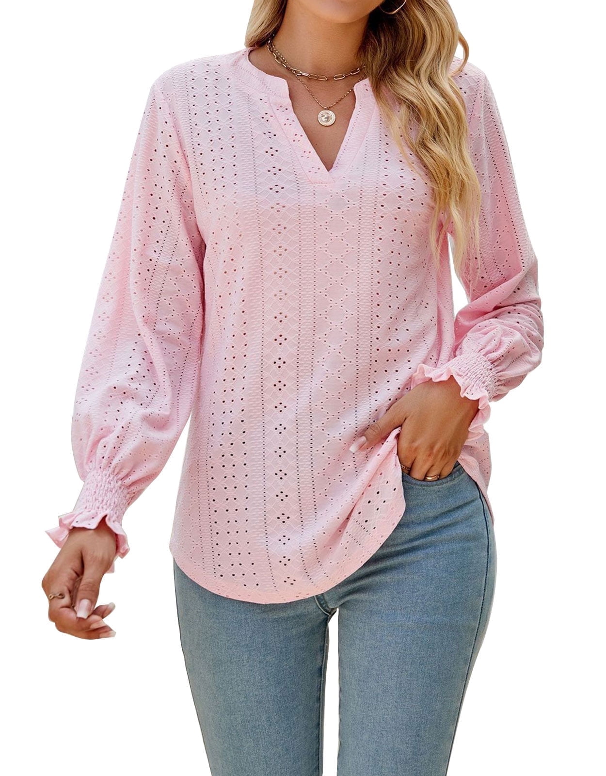 Cogild Women's Casual V Neck Long Sleeve Lace Crochet Blouse Tops ...