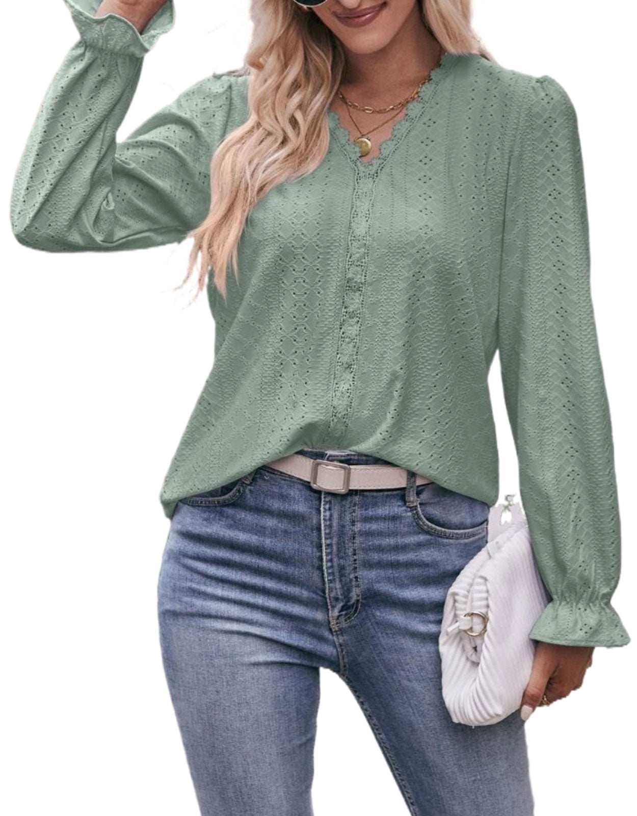 Cogild Women Lace Crochet Blouse Tops Casual V Neck Long Sleeve Hollow ...