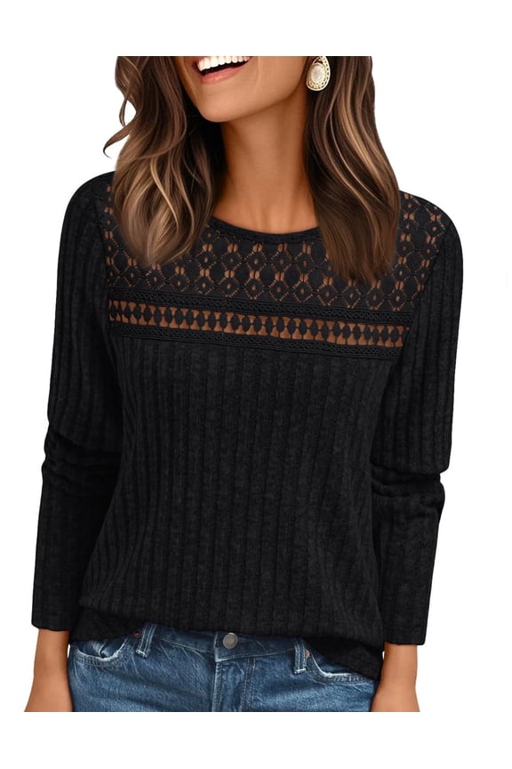 Women Long Sleeve Shirts for Womens Ribbed Knit Sweaters for Womens with Lace Patchwork Detail Casual Tops for Womens