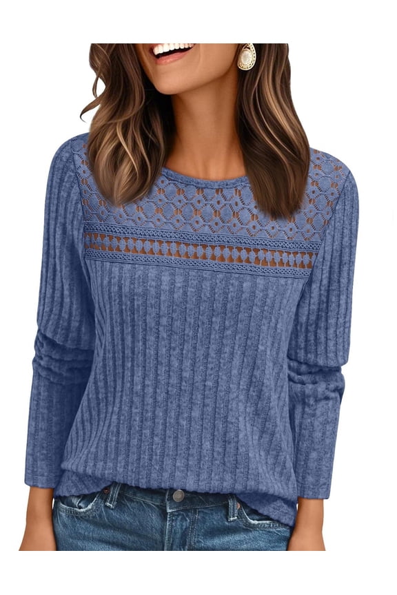 Women Long Sleeve Shirts for Womens Ribbed Knit Sweaters for Womens with Lace Patchwork Detail Casual Tops for Womens