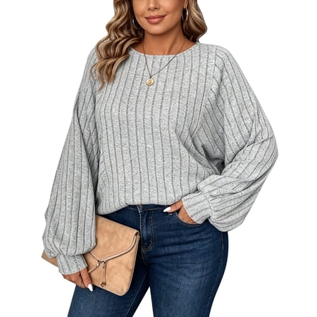 Cogild Women's Plus Size Sweaters for Women, Lightweight Ribbed Solid Color Long Sleeve, Oversized, 5XL