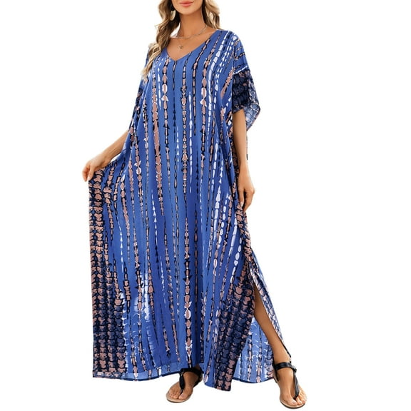 Cogild Women Swimsuit Cover Ups Ethnic Short Sleeve V Neck Plus Size Beach Kaftan Dresses