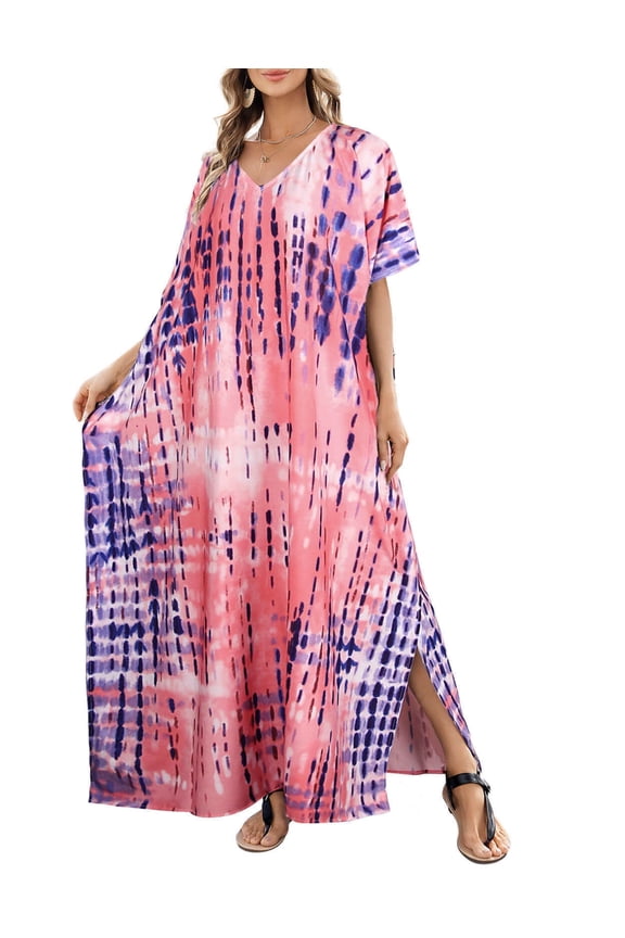 Women Swimsuit Cover Ups Ethnic Short Sleeve V Neck Plus Size Beach Kaftan Dresses