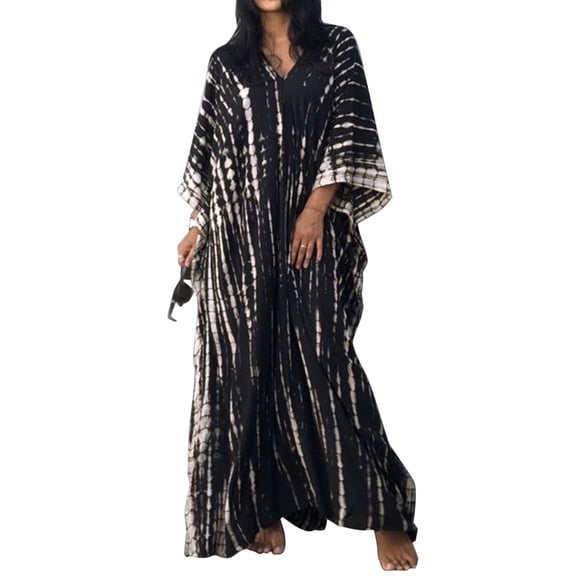 Cogild Women Swimsuit Cover Ups Ethnic Short Sleeve V Neck Plus Size Beach Kaftan Dresses