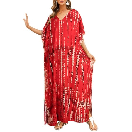 Cogild Women Swimsuit Cover Ups Ethnic Short Sleeve V Neck Plus Size Beach Kaftan Dresses