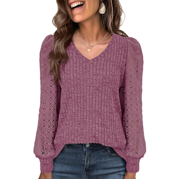 Cogild Women V-Neck Ribbed Knit Sweaters for Womens with Puff Lace Long Sleeves Shirts Top for Office Everyday Wear