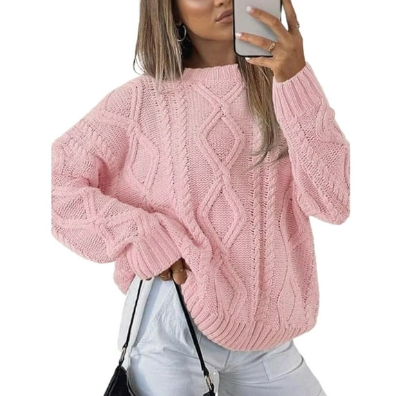 Cogild Women's Cable Knitted Crew Neck Oversized Sweaters for Womens Timeless Casual Elegance