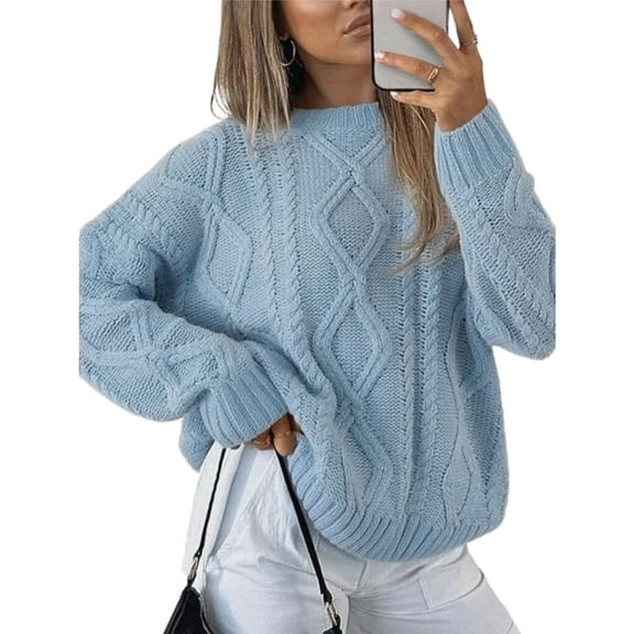 Cogild Women's Cable Knitted Crew Neck Oversized Sweaters for Womens Timeless Casual Elegance