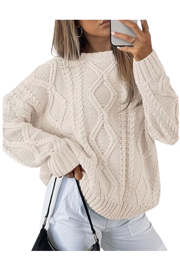 Women's Cable Knitted Crew Neck Oversized Sweaters for Womens Timeless Casual Elegance