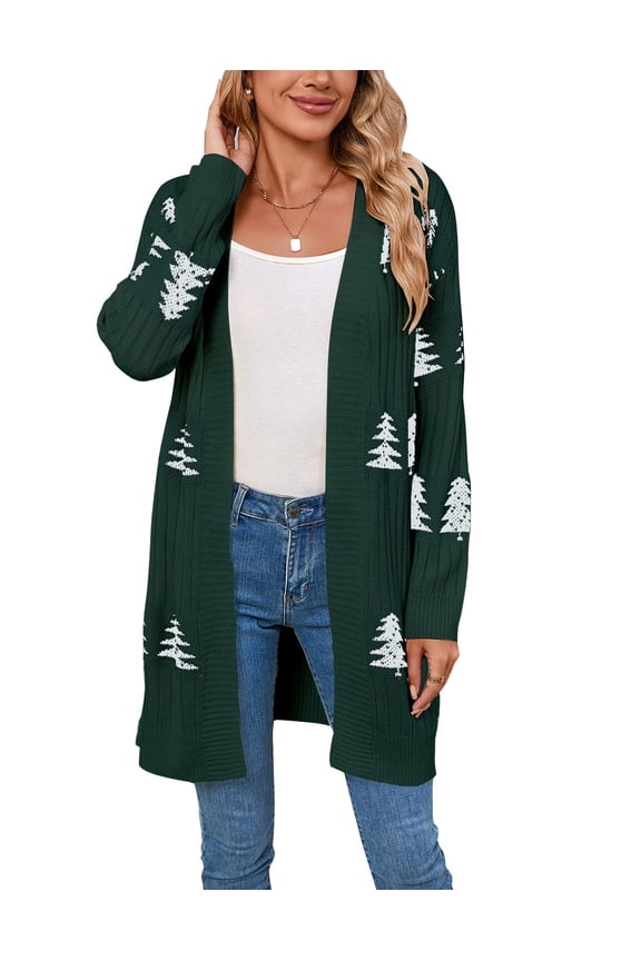 Women's Christmas Tree Cardigans for Womens V-Neck Long Sleeve Open Front Cardigans Knitted Chrastmas Sweaters for Womens Cardigan for Festive Christmas