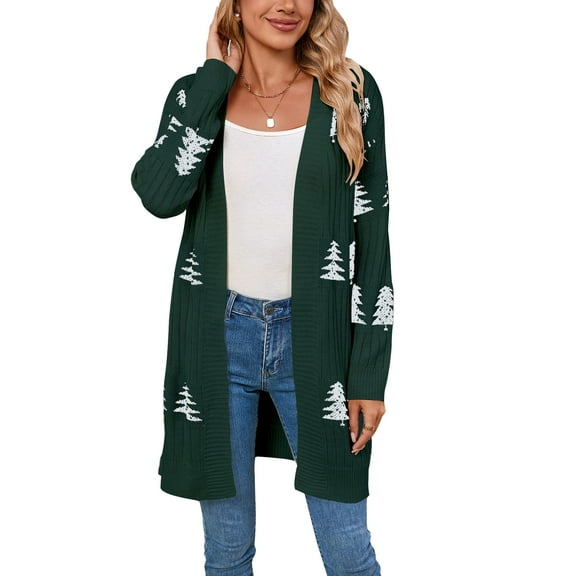Cogild Women's Christmas Tree Cardigans for Womens V-Neck Long Sleeve Open Front Cardigans Knitted Chrastmas Sweaters for Womens Cardigan for Festive Christmas