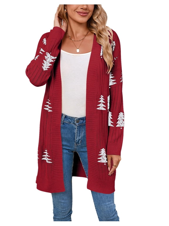 Women's Christmas Tree Cardigans for Womens V-Neck Long Sleeve Open Front Cardigans Knitted Chrastmas Sweaters for Womens Cardigan for Festive Christmas