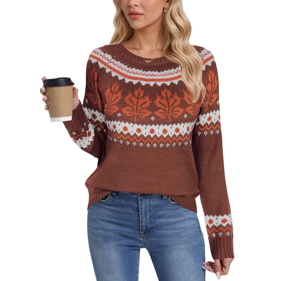 Cogild Women's Fair Isle Knit Sweater Long Sleeve Crewneck Fall Pullover Sweater