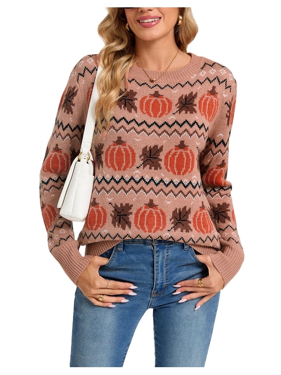 Halloween Sweaters for Women Fall Sweater Fair Isle Knit Pumpkin Maple Leaf Pattern Crew Neck Long Sleeve Pullover