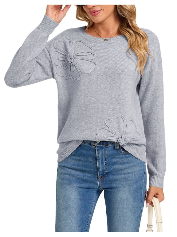 Sweater for Women Floral Knit Pullover, 3D Flower Applique Crew Neck Long Sleeve Casual Sweater