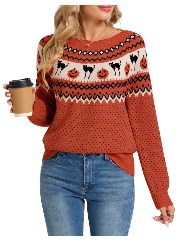 Sweaters for Women Halloween Sweater Fair Isle Knit Black Cat Pumpkin Crew Neck Pullover Fall Top