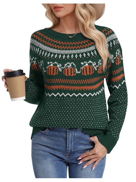 Women's Halloween Pumpkin Sweater Crew Neck Long Sleeve Knit Pullover Fall Sweaters for Women Holiday Top