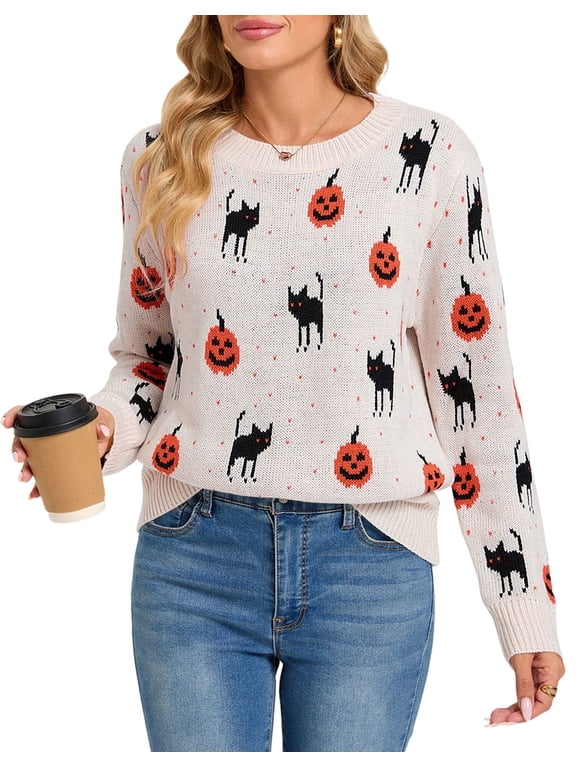 Sweaters for Women Halloween Sweater Black Cat Pumpkin Crew Neck Knit Pullover Long Sleeve Casual Fall Top, Beige
