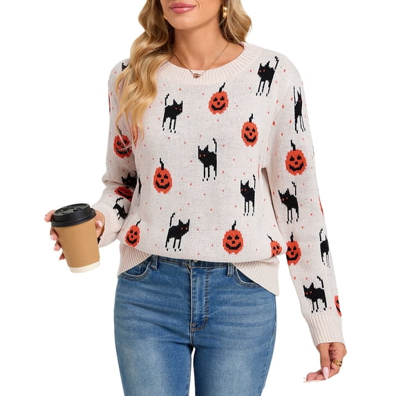 Cogild Sweaters for Women Halloween Sweater Black Cat Pumpkin Crew Neck Knit Pullover Long Sleeve Casual Fall Top, Beige