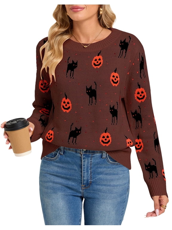 Sweaters for Women Halloween Sweater Black Cat Pumpkin Crew Neck Knit Pullover Long Sleeve Casual Fall Top, Brown