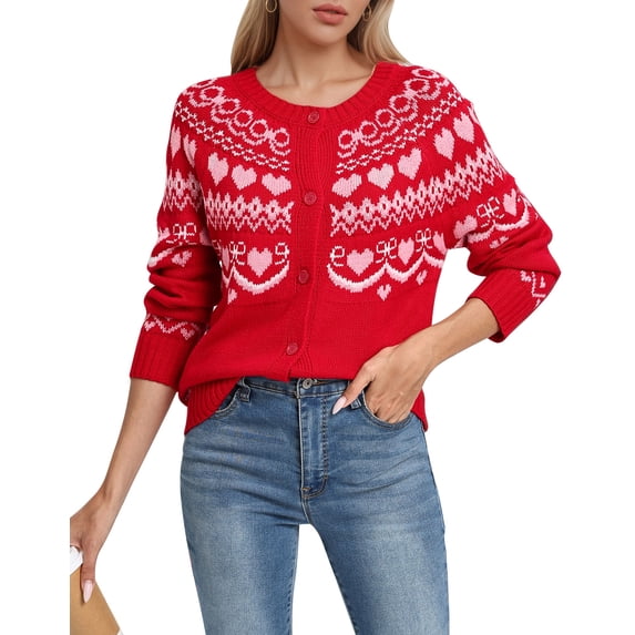 Cogild Cardigan Sweaters for Women Heart Pattern Knit, Crew Neck Long Sleeve