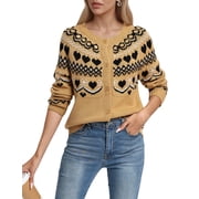Cardigan Sweaters for Women Heart Pattern Knit, Crew Neck Long Sleeve