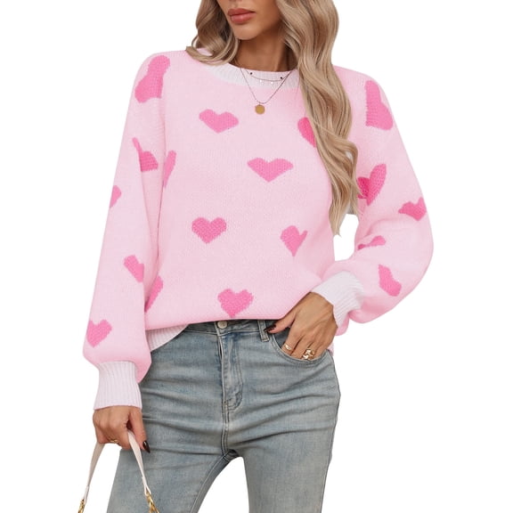 Cogild Women Heart Print Sweater Long Sleeve Crew Neck Pullover Knit Sweater Cute Cozy Casual Winter Sweaters for Women